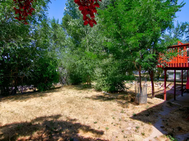 Expansive backyard with a multi-level red wooden deck, mature trees, and a combination of dry grass and exposed earth