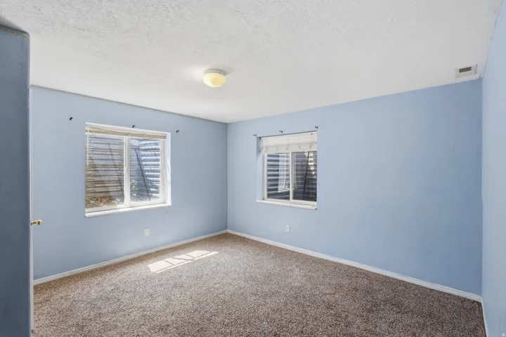 Room with textured carpeting, light blue walls, and two windows