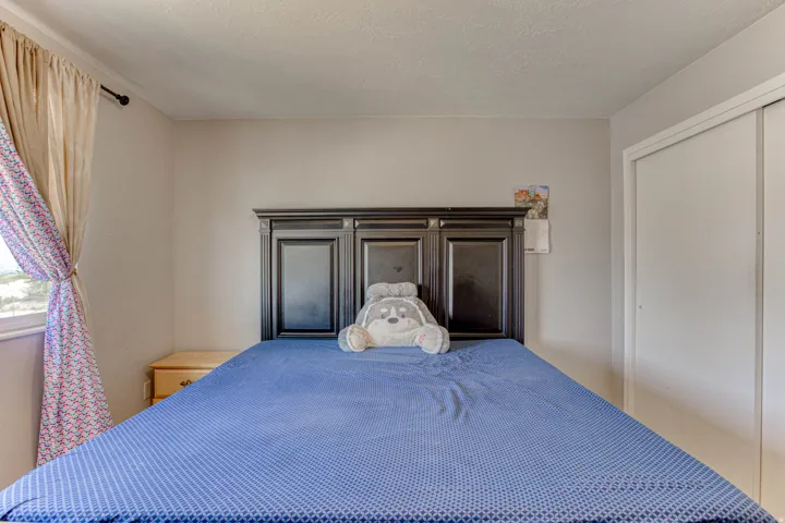 Spacious room featuring a dark wood-finish headboard, a window with curtains, and a built-in closet with sliding doors