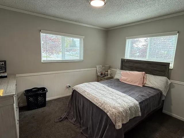 Bedroom featuring two windows with horizontal blinds, textured ceiling, and a ceiling-mounted light fixture