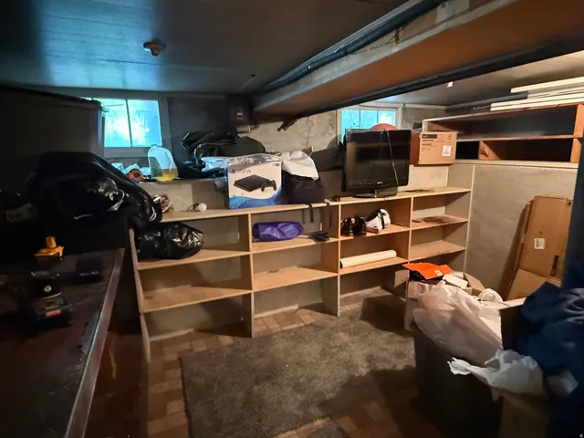 Basement space featuring exposed ceiling joists, two small windows, and light wood shelving units