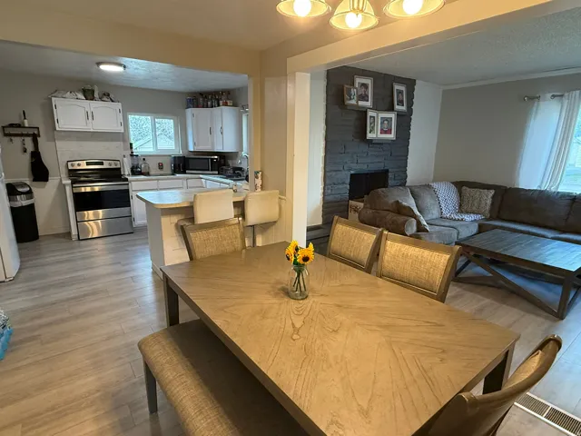 Expansive main living area featuring wood-finish flooring, a kitchen with white cabinetry and stainless steel appliances, a breakfast bar, and a fireplace with a dark stone surround
