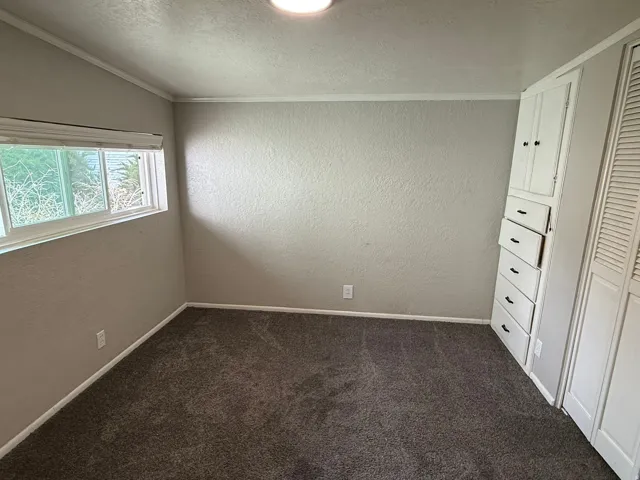 Neutral-toned room featuring a window with a roller blind, built-in cabinetry with drawers, an additional built-in closet with louvered doors, and dark carpeting