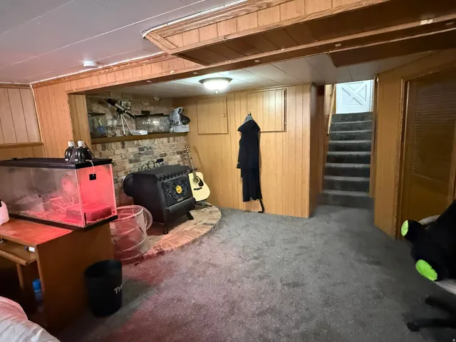 Carpeted room featuring a brick-faced hearth with a freestanding stove, wood-paneled walls, and a recessed ceiling light