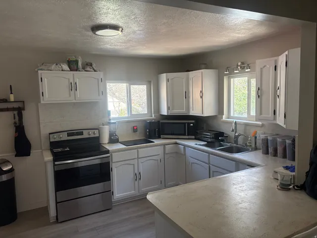 Kitchen featuring white cabinetry, light-toned countertops, a stainless steel electric range, a double basin sink, and wood-finish flooring