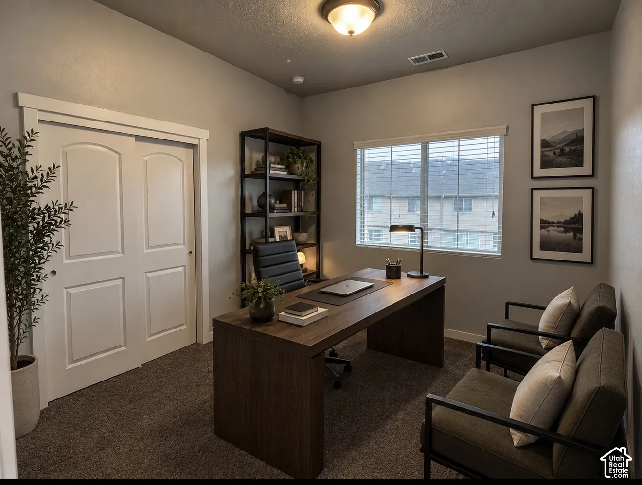 Room featuring neutral wall tones, carpeted flooring, sliding double-panel closet doors, and a single-pane window with horizontal blinds