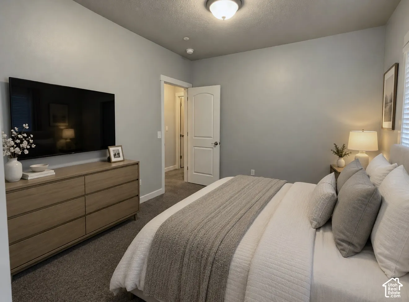 Neutral-toned interior walls featuring a white arched-panel door, wall-to-wall carpeting, and a central ceiling-mounted light fixture
