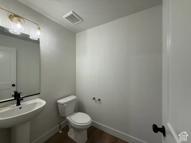 Pedestal sink with a black-finish faucet, rectangular mirror, and wood-finish flooring