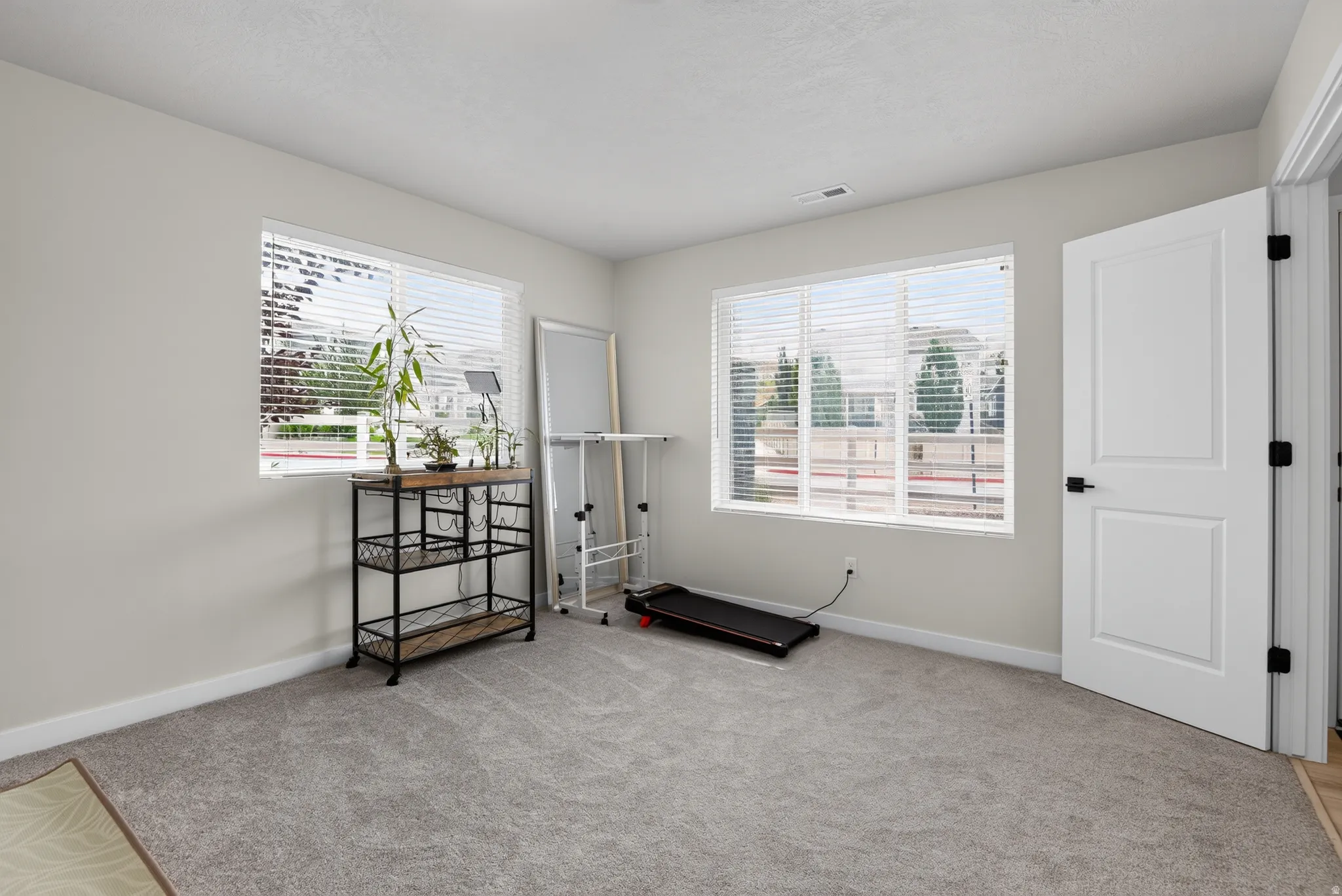 Room featuring two large windows with blinds, light gray wall paint, and gray carpet flooring