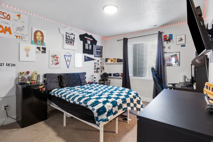 Carpeted room with a ceiling-mounted light fixture