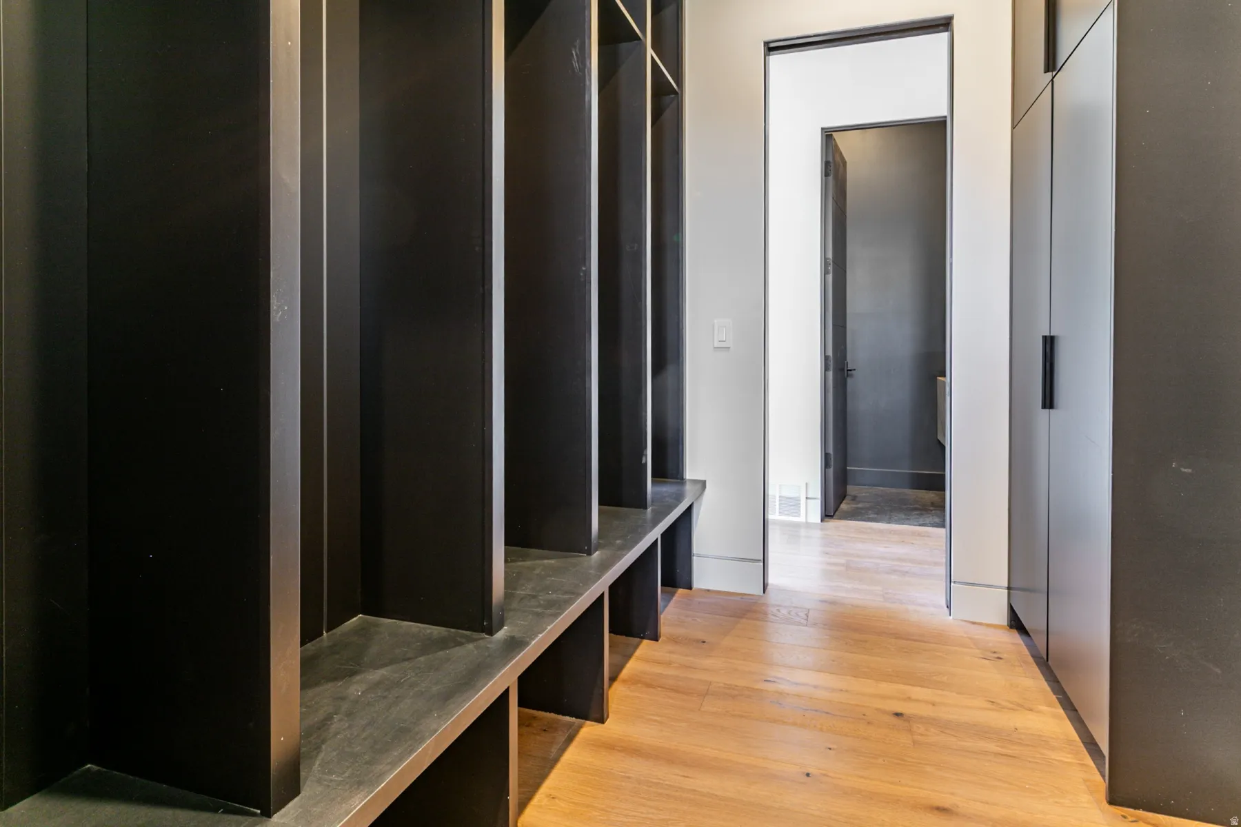 Built-in storage solutions featuring black shelving and cabinetry with matte black hardware