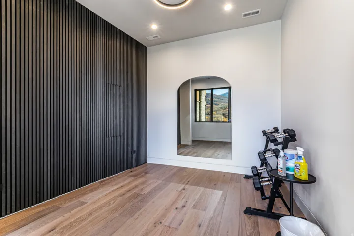 Accent wall featuring vertical paneling, light wood-finish flooring, recessed lighting, and a full-height arched mirrored doorway reflecting exterior scenery