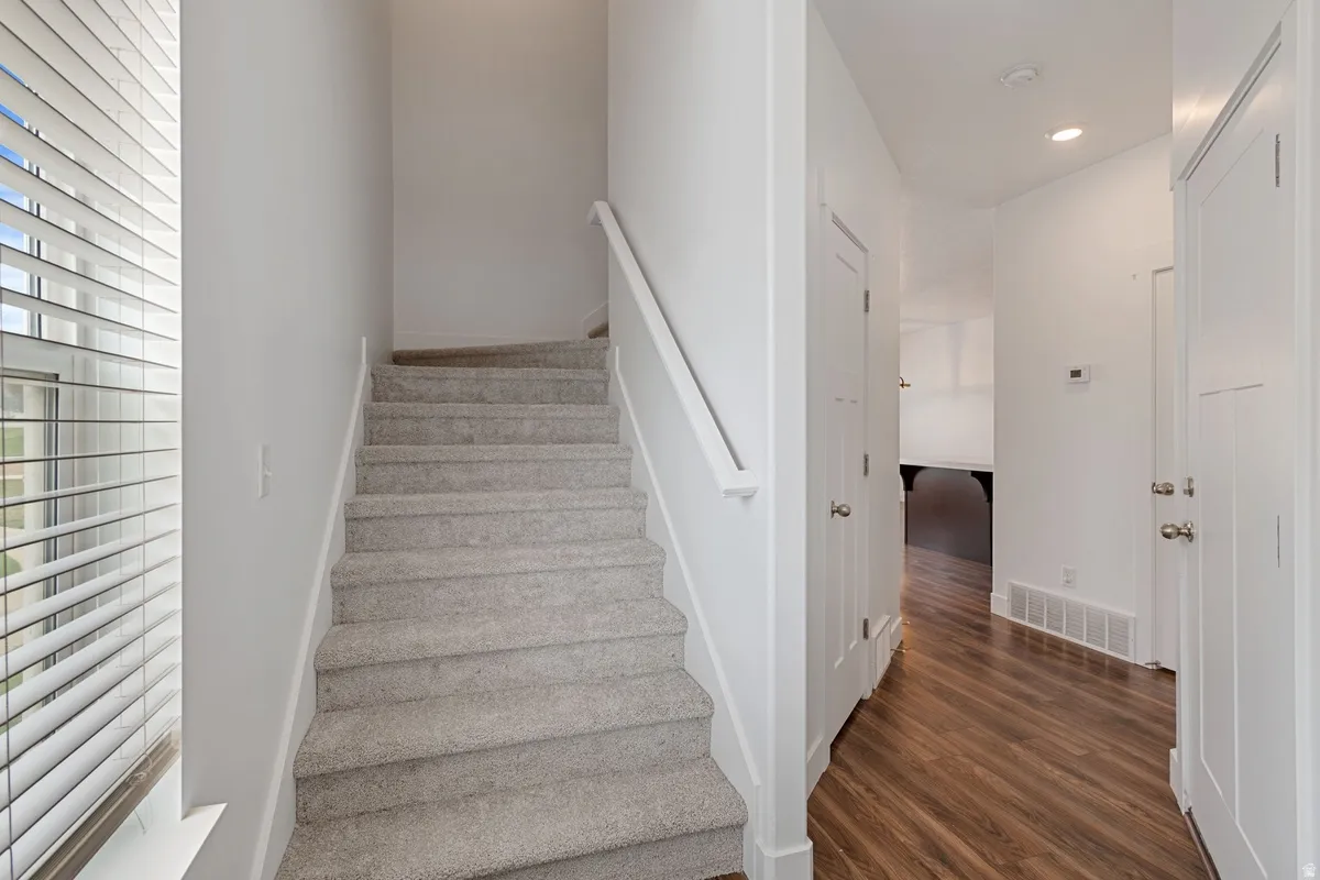 Carpeted staircase with white handrail and window with blinds