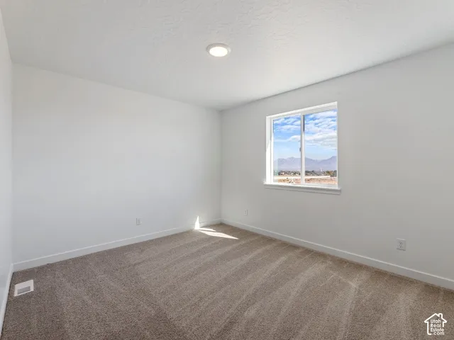 Recessed ceiling lighting, neutral carpet, white walls, and a window with a mountain backdrop