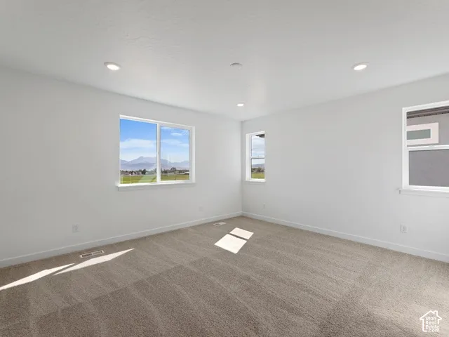 Recessed lighting, white walls, carpeted flooring, and multiple windows
