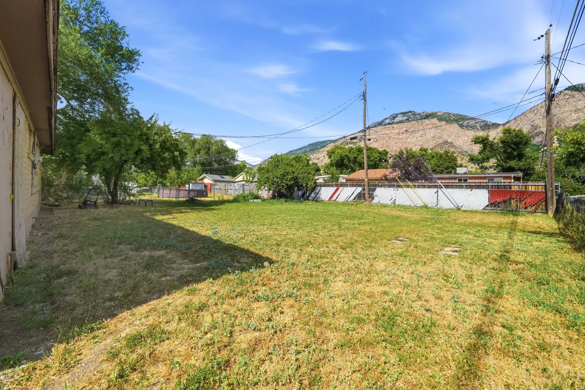 Spacious backyard featuring a large grassy area and mature tree
