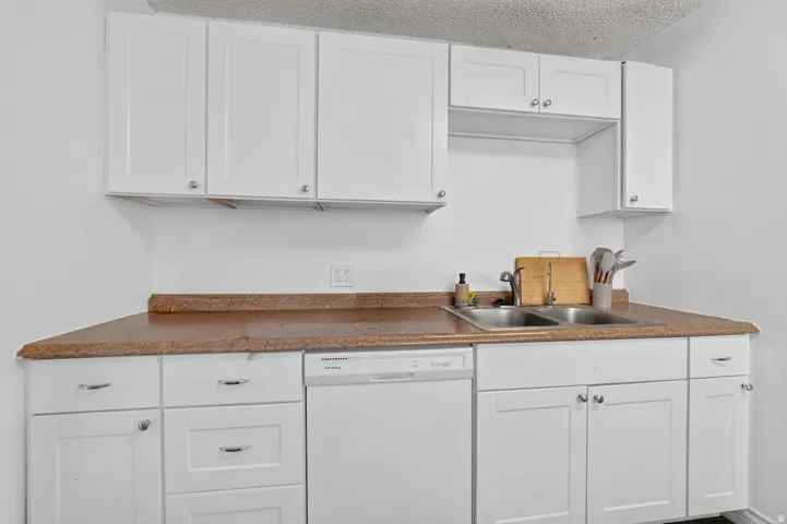 Kitchen featuring white cabinetry with brushed nickel hardware, brown countertops, a stainless steel double basin sink, and a white dishwasher