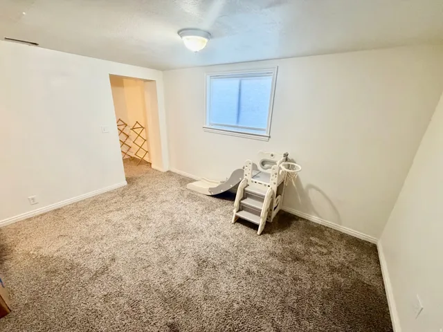 Carpeted room with a recessed entry, a single window, and a flush mount ceiling light fixture
