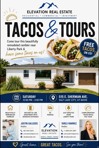 Real Estate Promotional Flyer. Advertising an open house event for a remodeled property, including property features and agent contact details