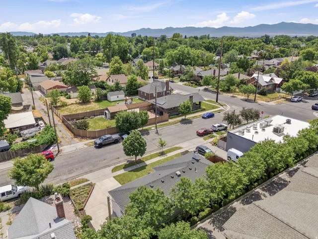 Established neighborhood with mature trees, mountain backdrop, residential street, and visible rooftops