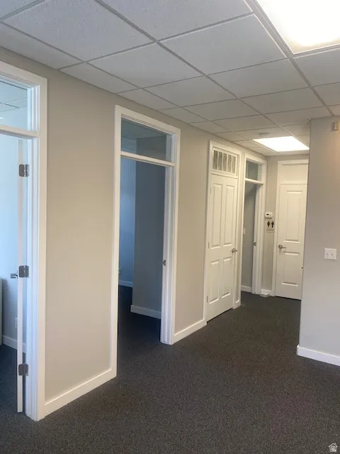 Hallway featuring carpeted flooring and multiple doors with white trim