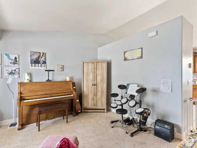 Plush carpeting throughout with light blue wall tones