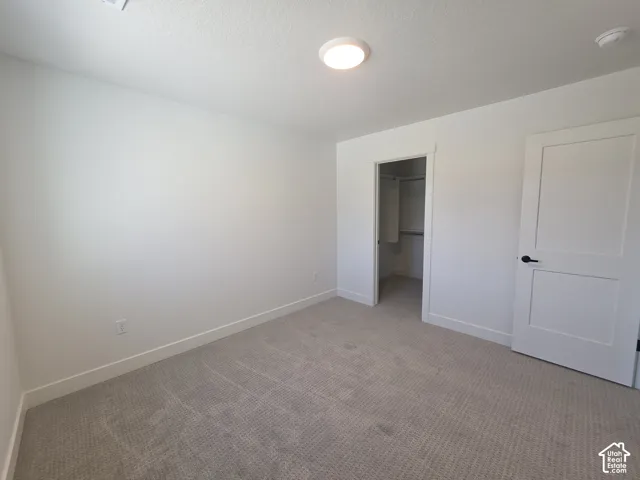 Carpeted room featuring a walk-in closet with shelving and hanging rods