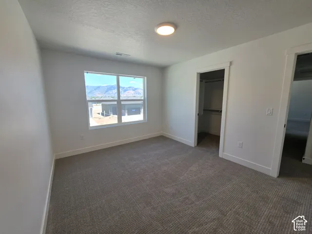 Bright room featuring a large window, neutral carpeting, white trim, recessed closet, and a ceiling-mounted light fixture