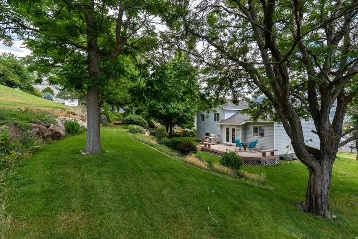 Expansive sloped lawn area with mature trees and natural rock landscaping