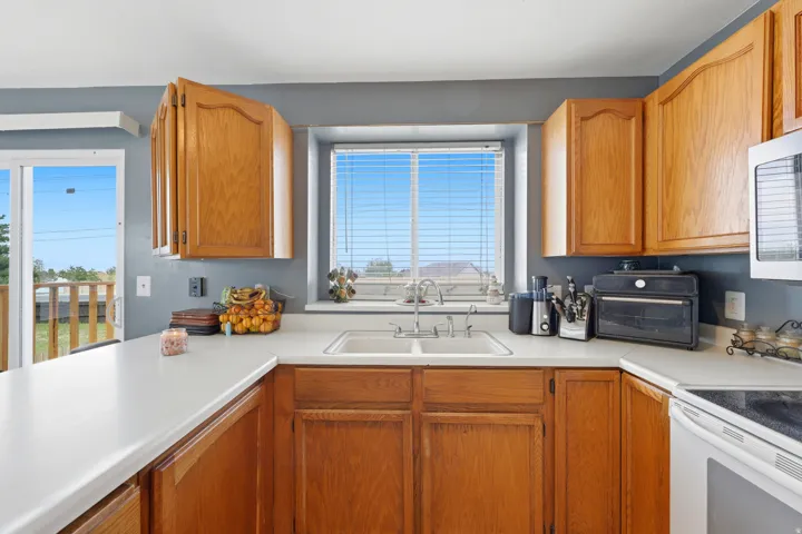 Kitchen featuring wood cabinetry, white countertops, a double basin sink, and a built-in microwave