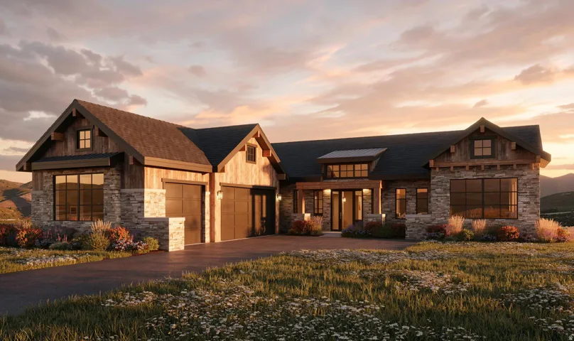 Craftsman-style residence featuring stone and wood siding, a two-car garage, and a covered entry