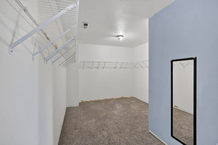 Spacious walk-in closet featuring wire shelving systems, ceiling-mounted light fixtures, and gray carpet flooring