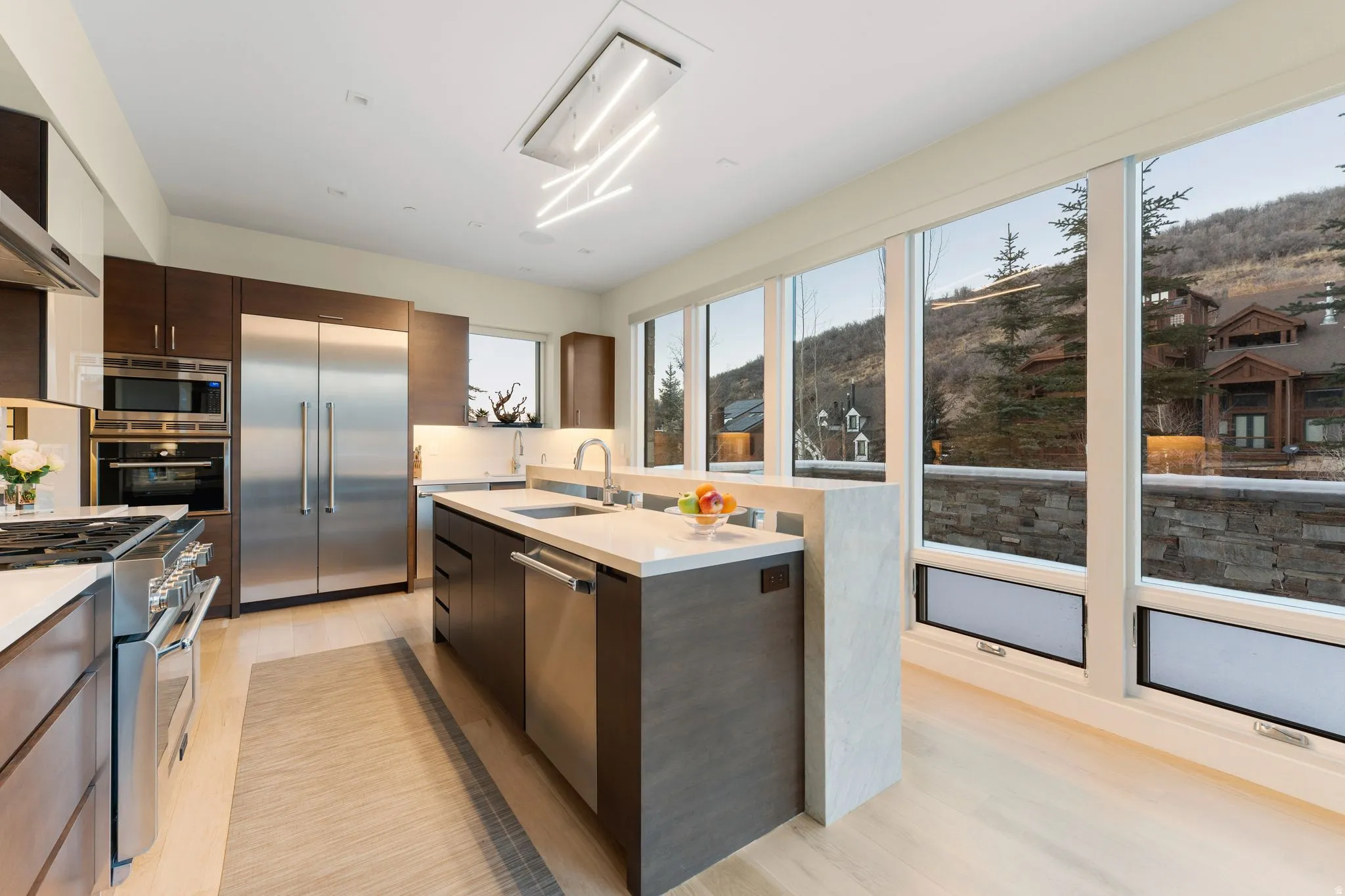 Gourmet kitchen featuring stainless steel appliances, dark wood cabinetry, white countertops, and light wood-finish flooring