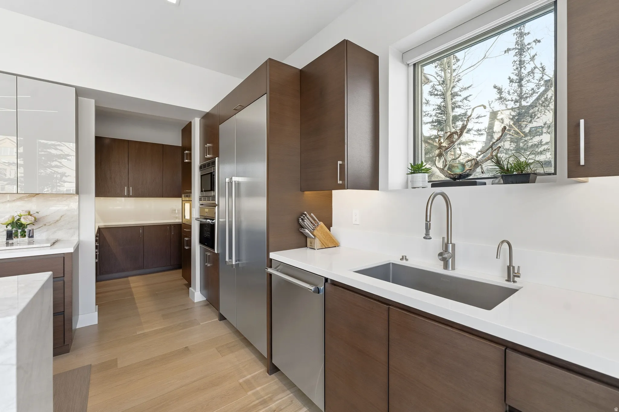 Contemporary kitchen featuring dark wood-finish cabinetry, stainless steel appliances, and light wood-finish flooring