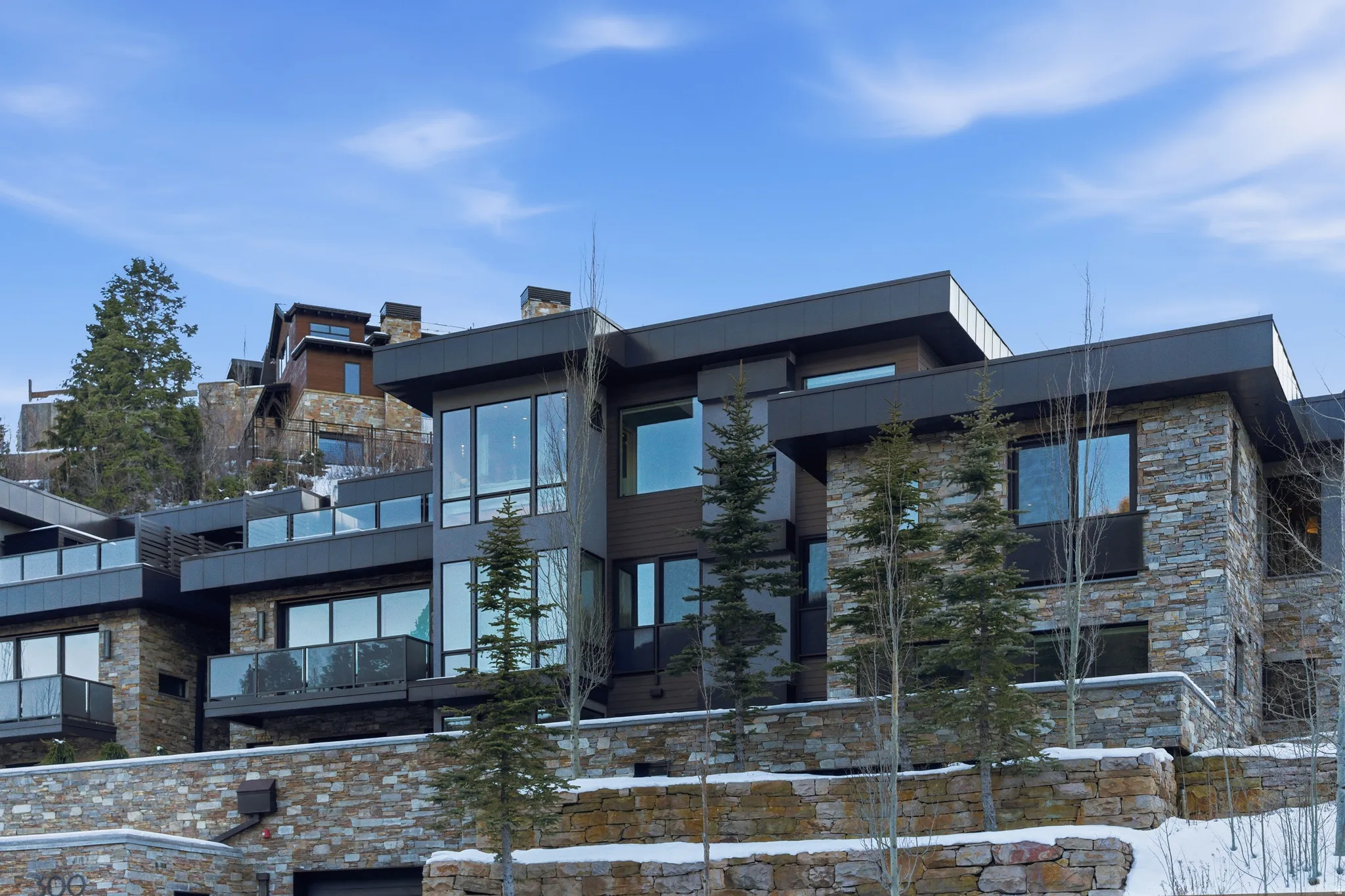 Modern architectural design featuring extensive stone cladding and dark wood-finish paneling