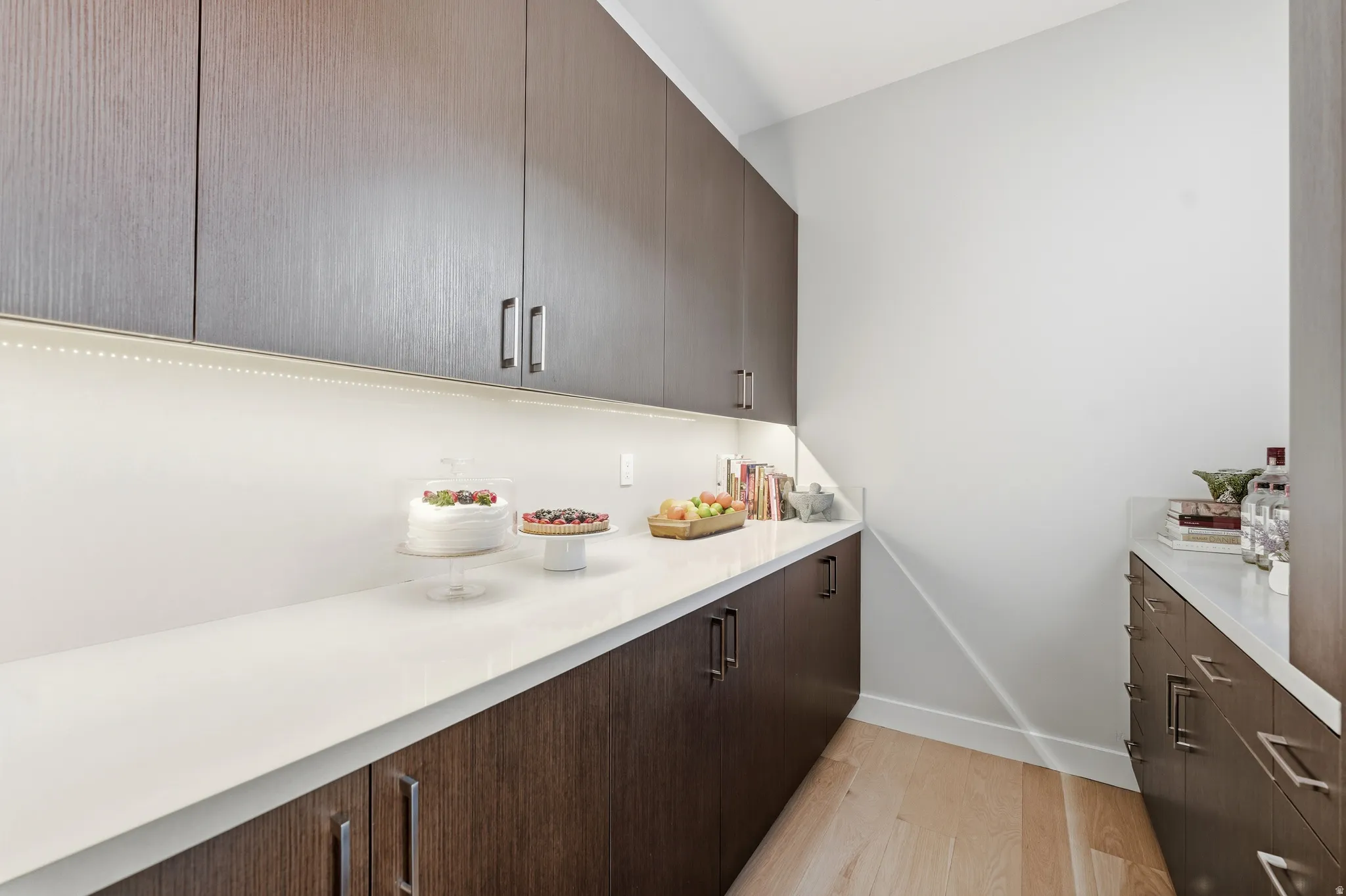 Modern pantry featuring wood-finish cabinetry, white countertops, under-cabinet lighting, and light wood-finish flooring