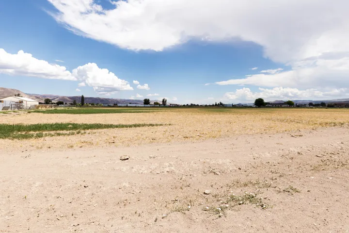 Expansive rural landscape featuring a dirt road, open fields with varying vegetation, and distant mountains