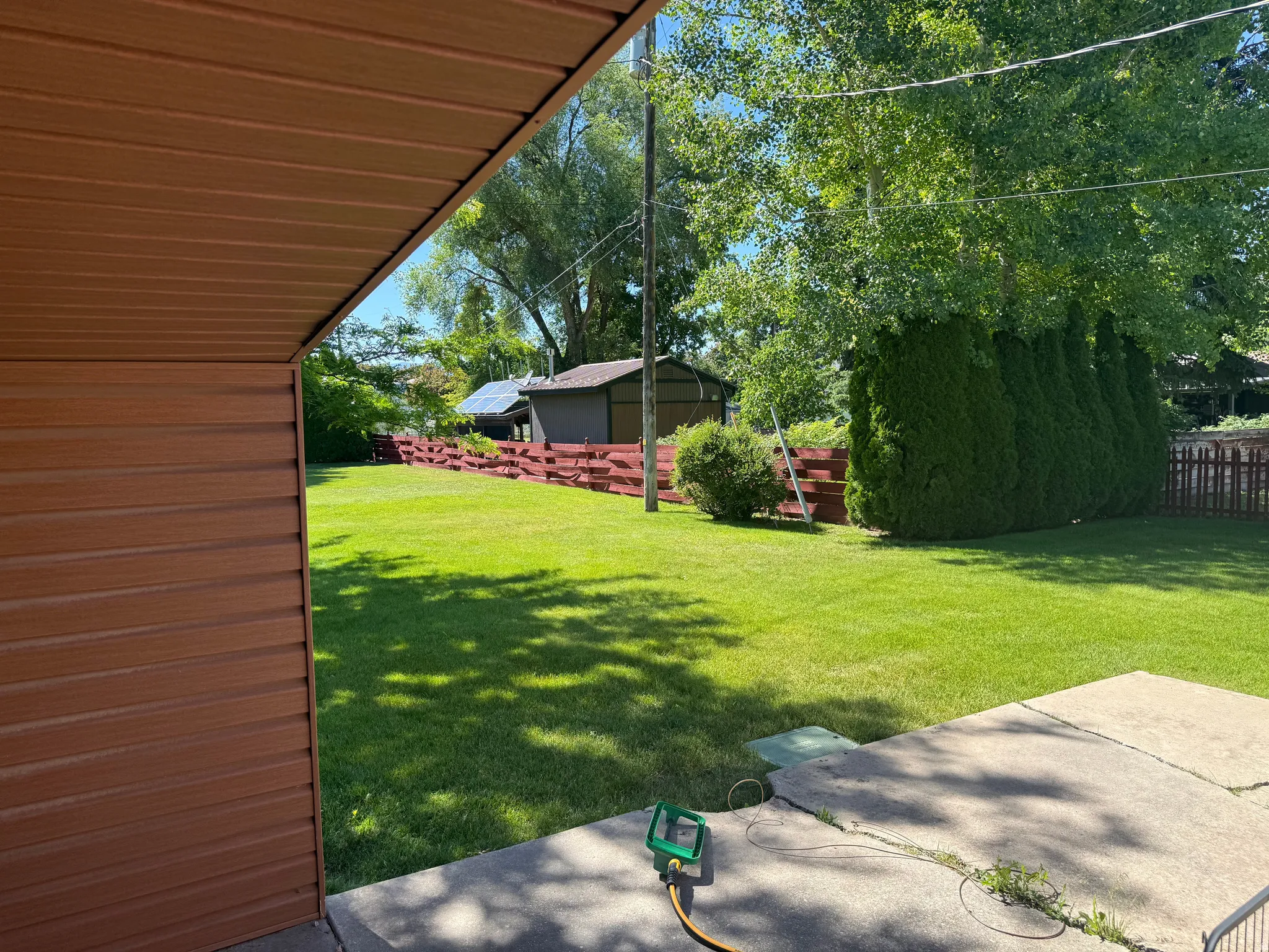 Expansive green lawn framed by mature trees and evergreen privacy hedges