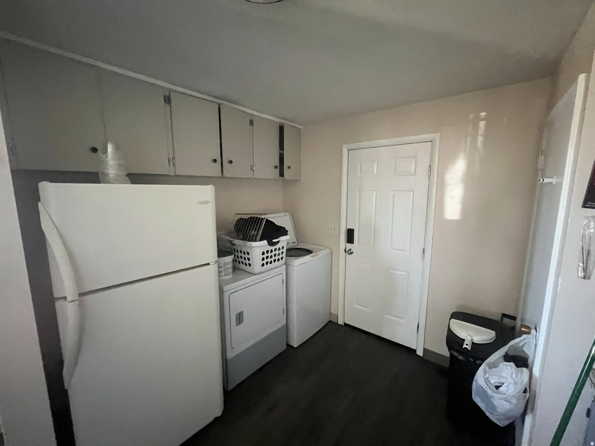 Laundry area featuring overhead cabinetry, wood-finish flooring, a paneled door, and built-in appliances