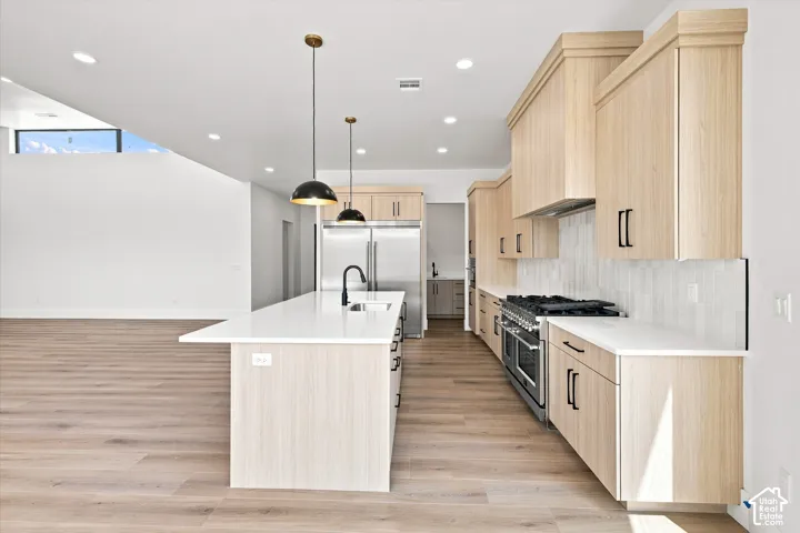 Gourmet kitchen with an expansive island, light wood-finish cabinetry, stainless steel appliances, and wood-finish flooring