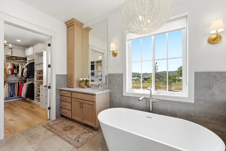 Bathroom featuring a freestanding soaking tub, single vanity with wood-finish cabinetry, and a walk-in closet with built-in organization systems