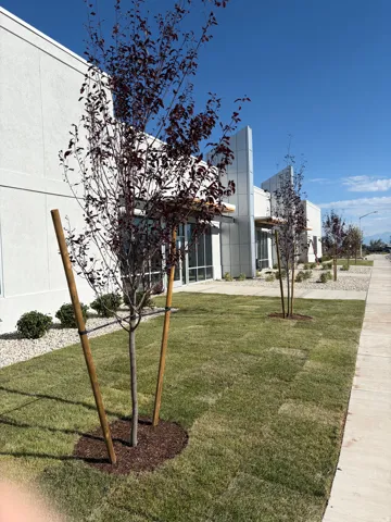 Contemporary building exterior featuring a clean white facade