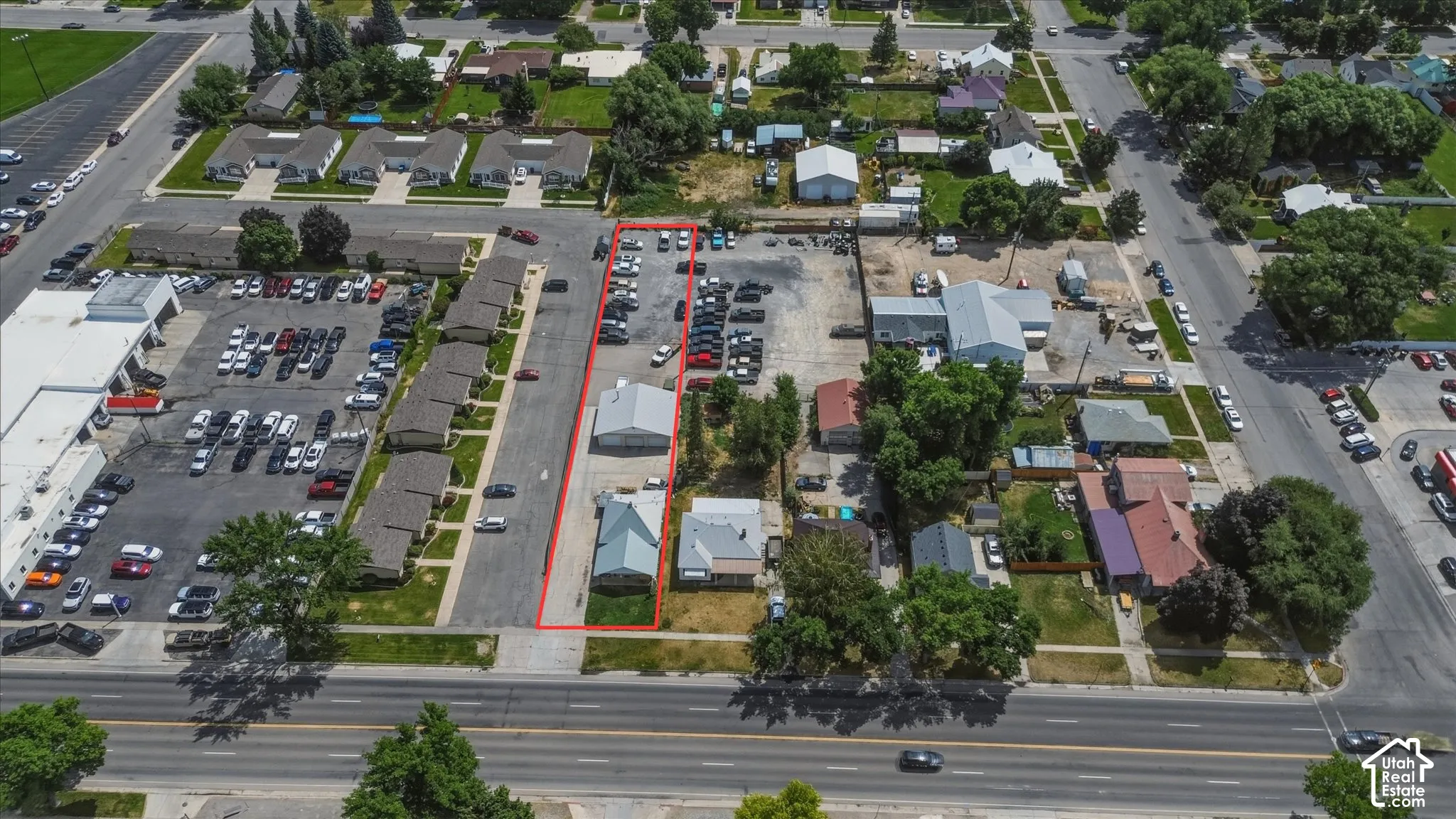 Aerial perspective highlighting a commercial property with multiple buildings