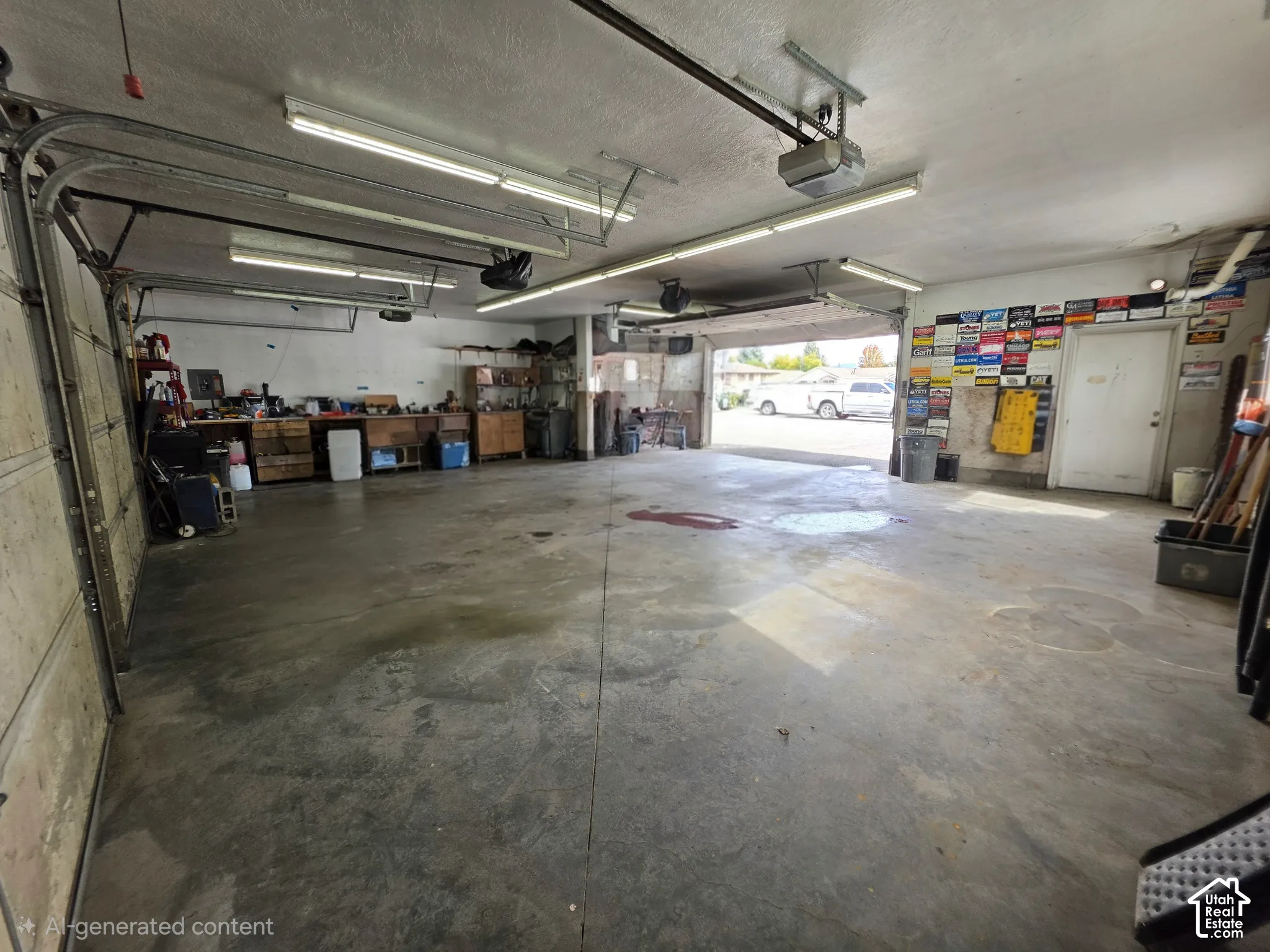 Expansive multi-car garage featuring a concrete floor, built-in wooden workbench, and overhead fluorescent lighting
