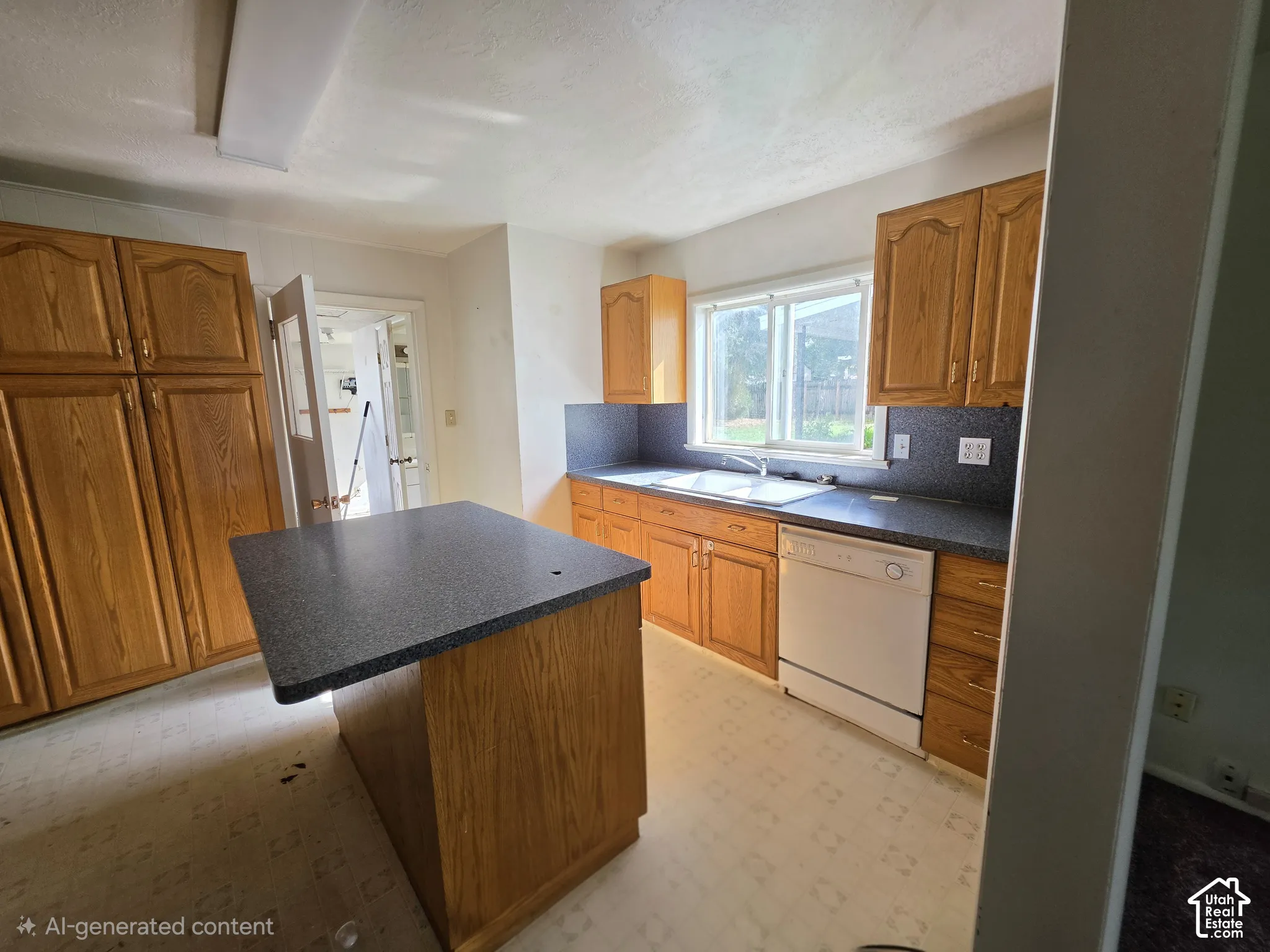 Kitchen featuring natural wood cabinetry, central island, dual-basin sink, and built-in dishwasher