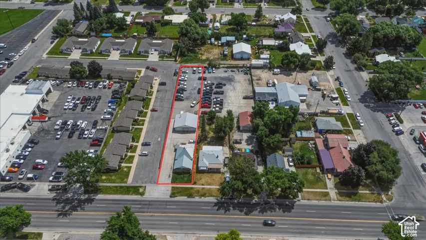 Aerial perspective highlighting a commercial property with multiple buildings