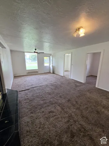 Room featuring wall-to-wall carpeting, black tile fireplace surround, dual-light ceiling fixture, and a ceiling fan