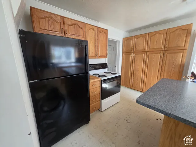 Kitchen featuring natural wood-finish cabinetry, floor-to-ceiling storage, a black refrigerator, a white electric range, and a peninsula counter