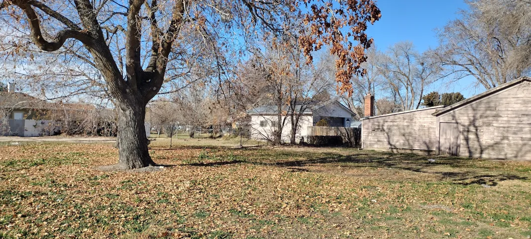 Spacious exterior grounds featuring mature trees and a detached outbuilding