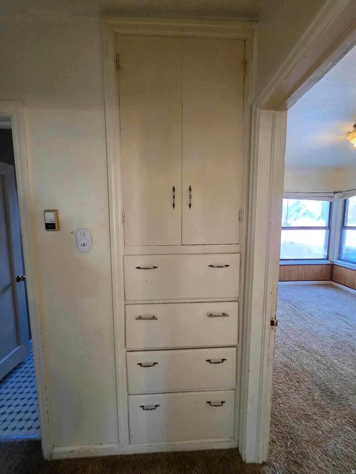 Built-in cabinetry featuring upper storage and multiple drawers